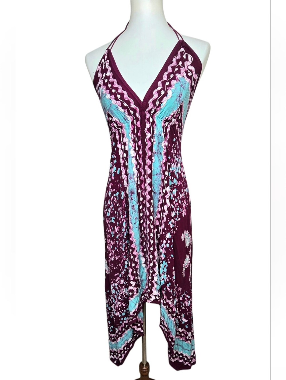 Boho Halter Dress Burgundy Turquoise Tie Dye Embroidered Handkerchief Hem OS